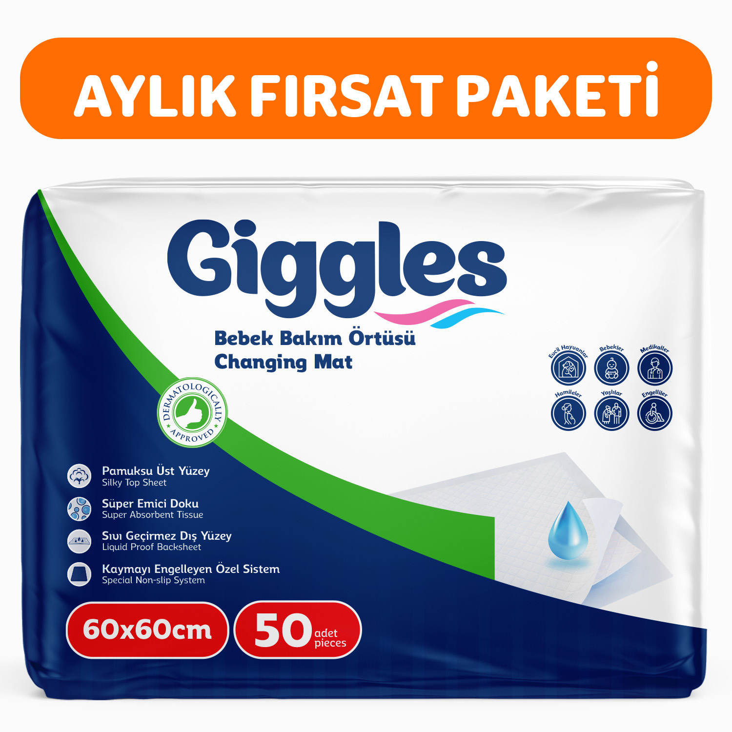 Giggles Bebek Bakım Örtüsü 60x60 Alt Açma Bezi  5 paket (50 adet)
